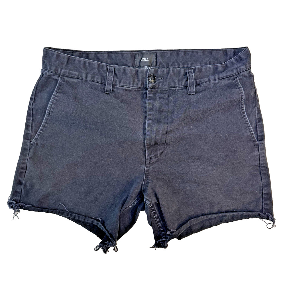 Obey Altered Black Denim Shorts 32" Ragged EUC